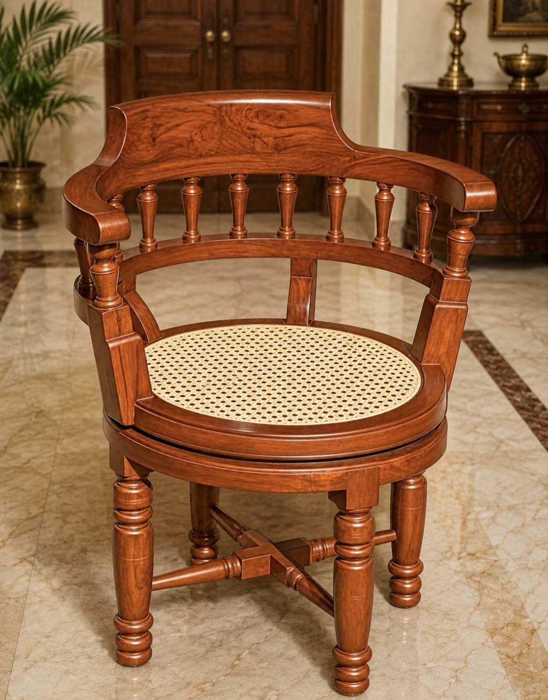Heritage Burma Teak-Wood Revolving Armchair with Cane Seat