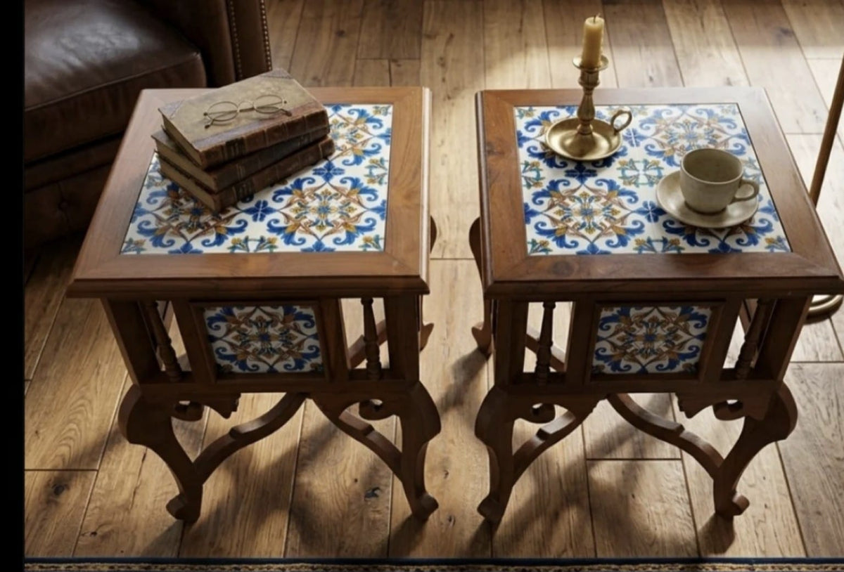 Heritage Floral Tile-Inlay Burma Teak Wood Side Table – Set of 2