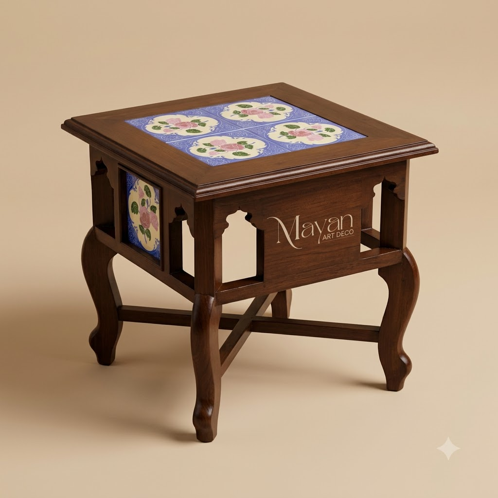 Heritage Tile-Inlay Side Table – Colonial Cross-Leg Design