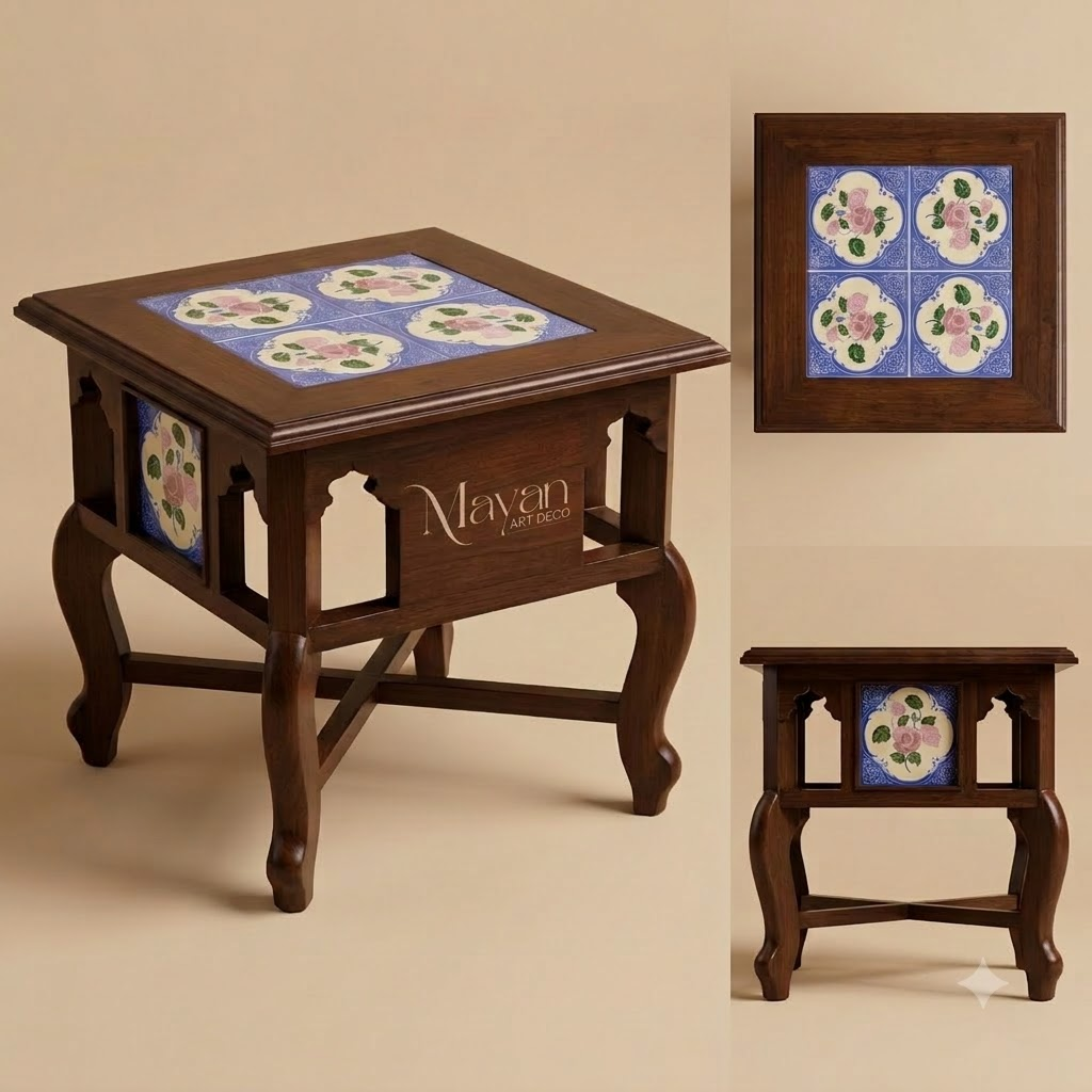 Heritage Tile-Inlay Side Table – Colonial Cross-Leg Design