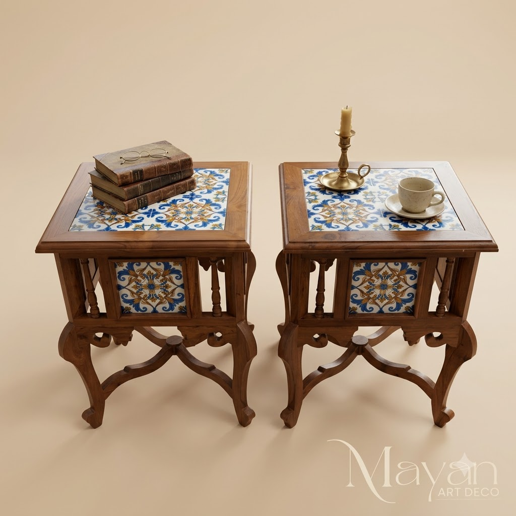 Heritage Floral Tile-Inlay Burma Teak Wood Side Table – Set of 2
