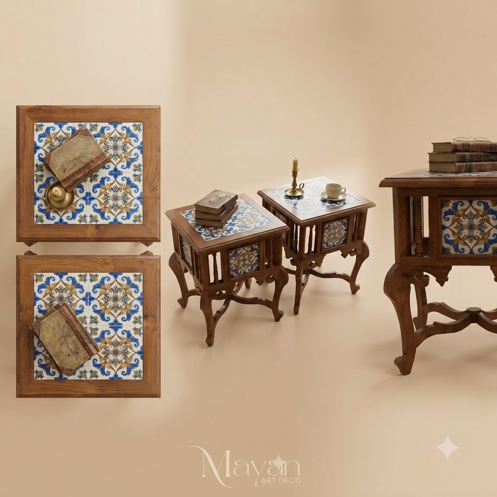 Heritage Floral Tile-Inlay Burma Teak Wood Side Table – Set of 2