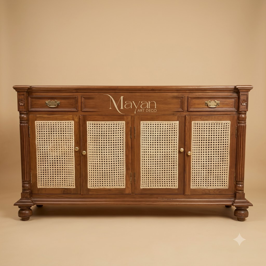 Heritage Burma Teak Wood 4-Door Cane Sideboard