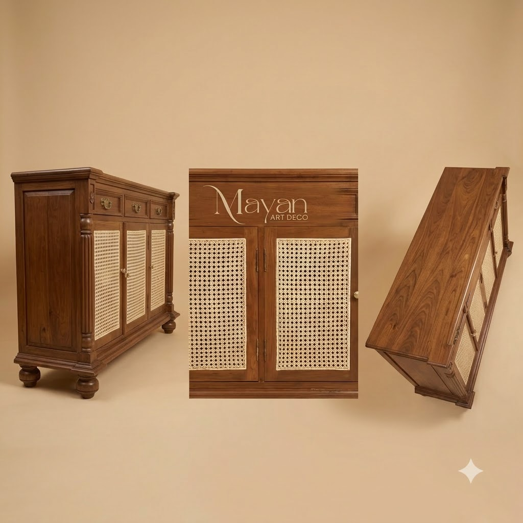 Heritage Burma Teak Wood 4-Door Cane Sideboard