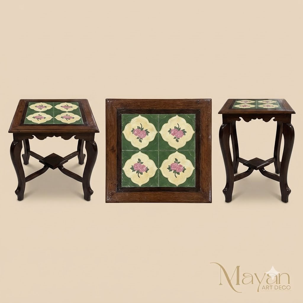 Vintage Floral Tile-Top Side Stool