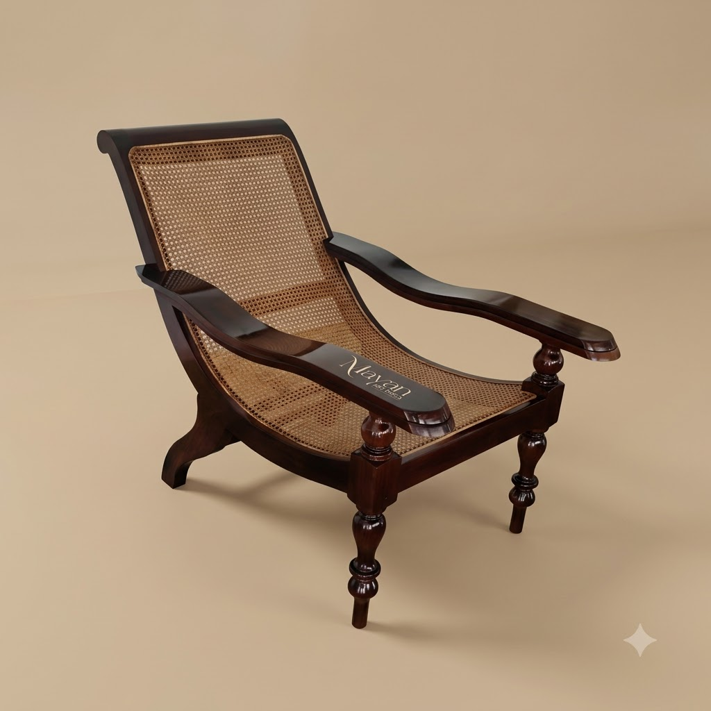 Vintage Burma Teak Wood & Cane High-Back Lounge Chair