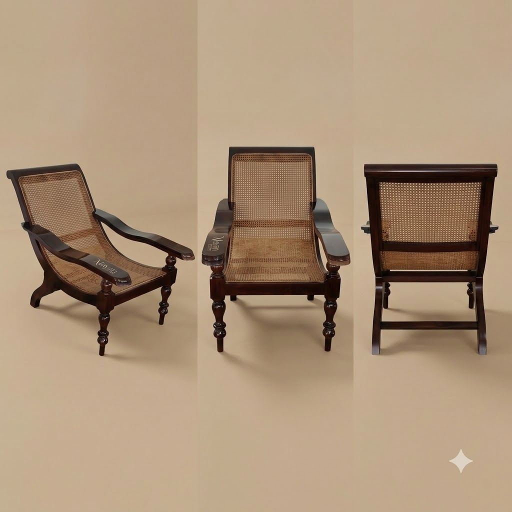 Vintage Burma Teak Wood & Cane High-Back Lounge Chair