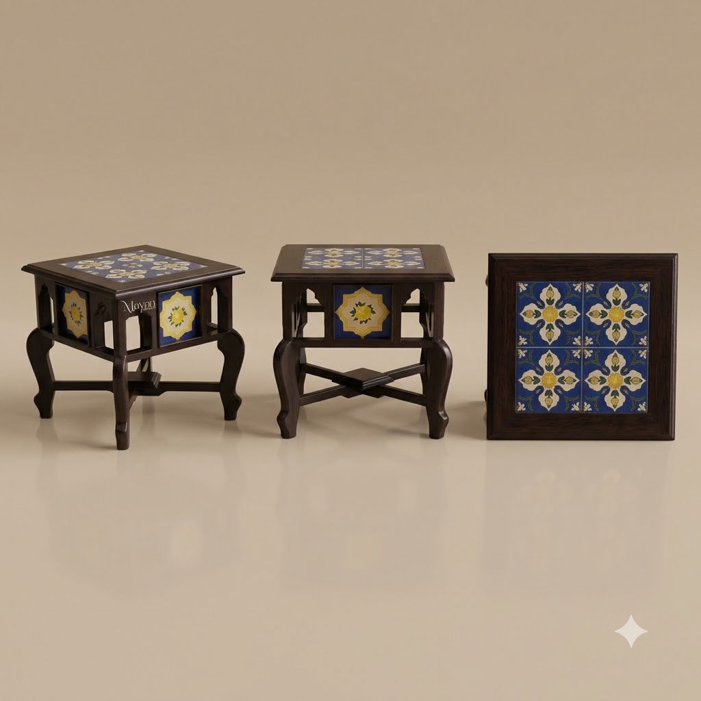 Vintage Walnut Floral Tile-Inlay Burma Teak Wood Side Table
