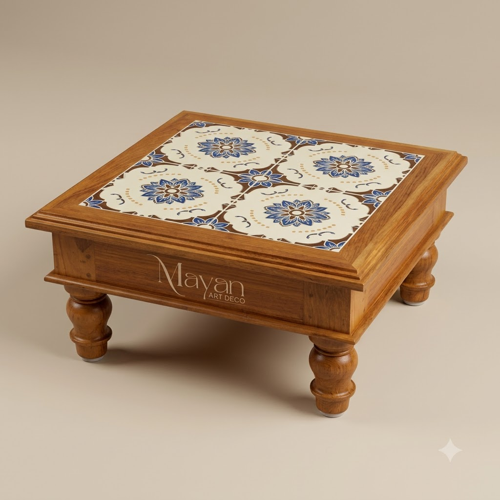 Handcrafted Teak Wood Tile-Inlay Heritage Manai/ Chowki