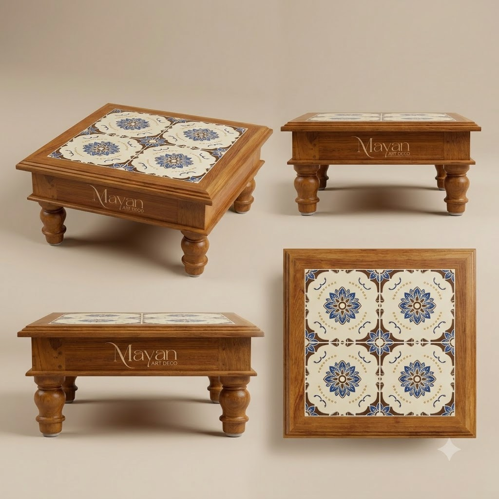 Handcrafted Teak Wood Tile-Inlay Heritage Manai/ Chowki