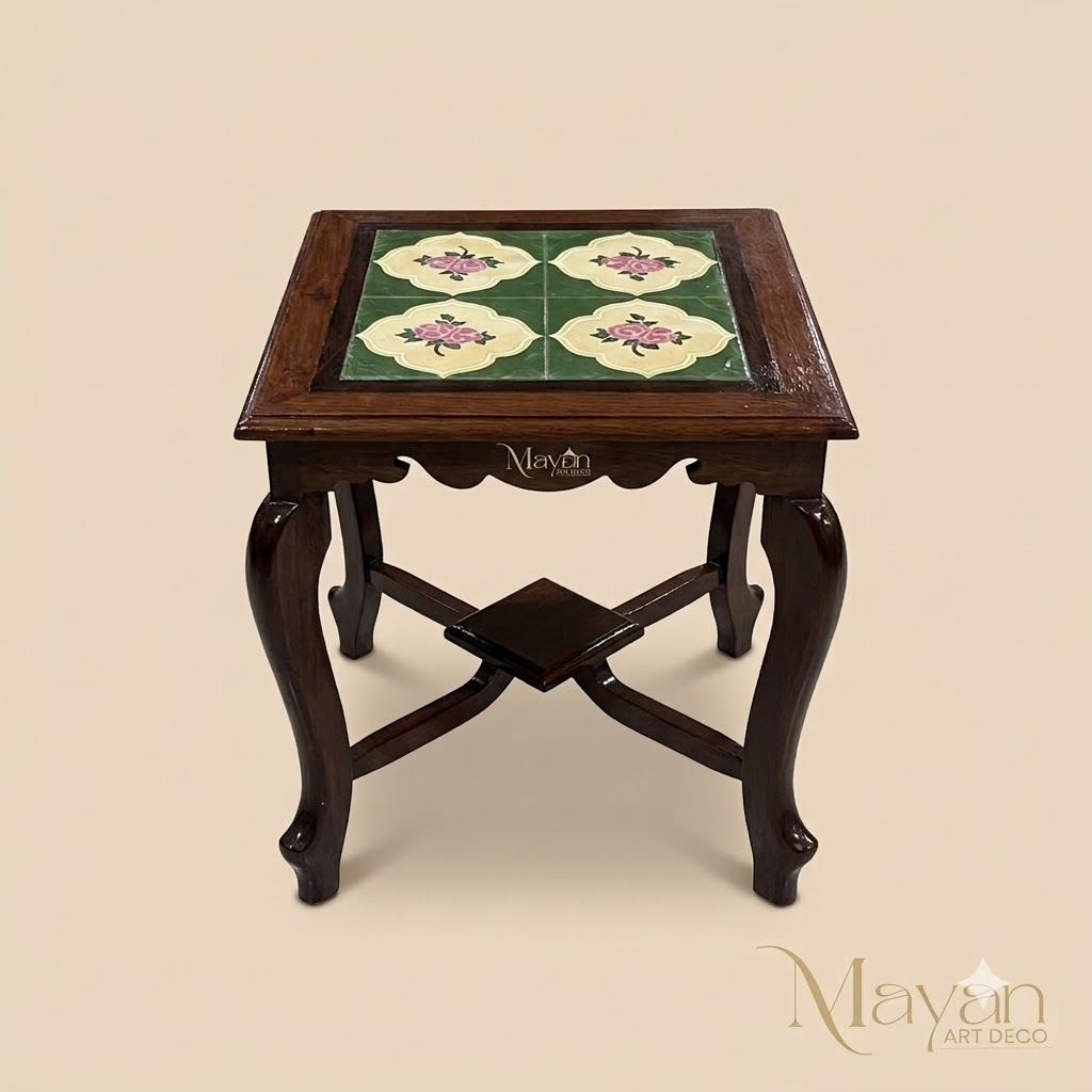 Vintage Floral Tile-Top Side Stool
