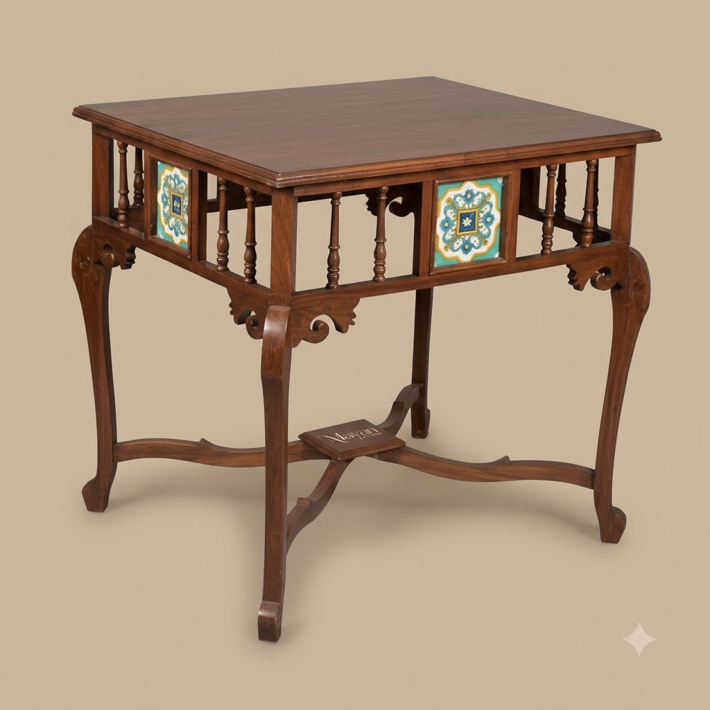 Vintage Carved Console Table with Tiles inlay