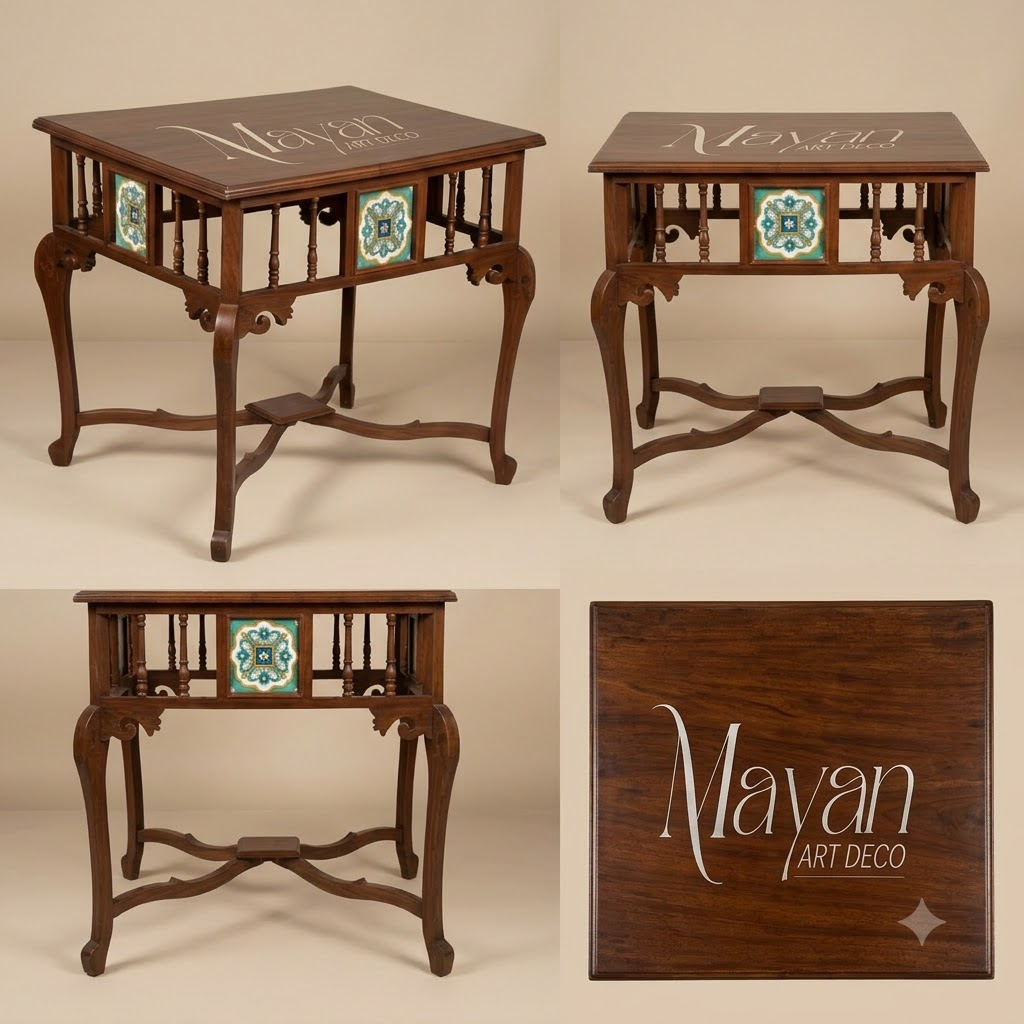 Vintage Carved Console Table with Tiles inlay