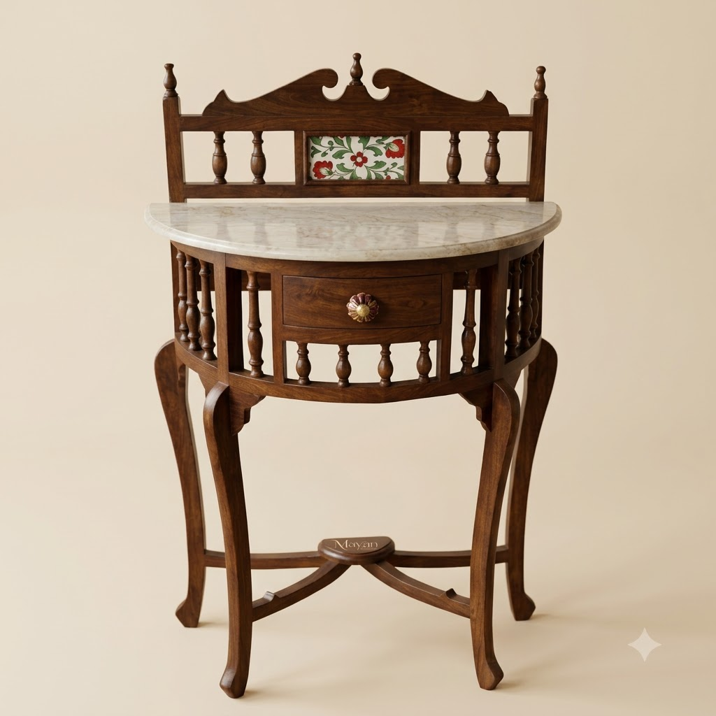 Burma Teak – Heritage Marble Top Carved Accent Table