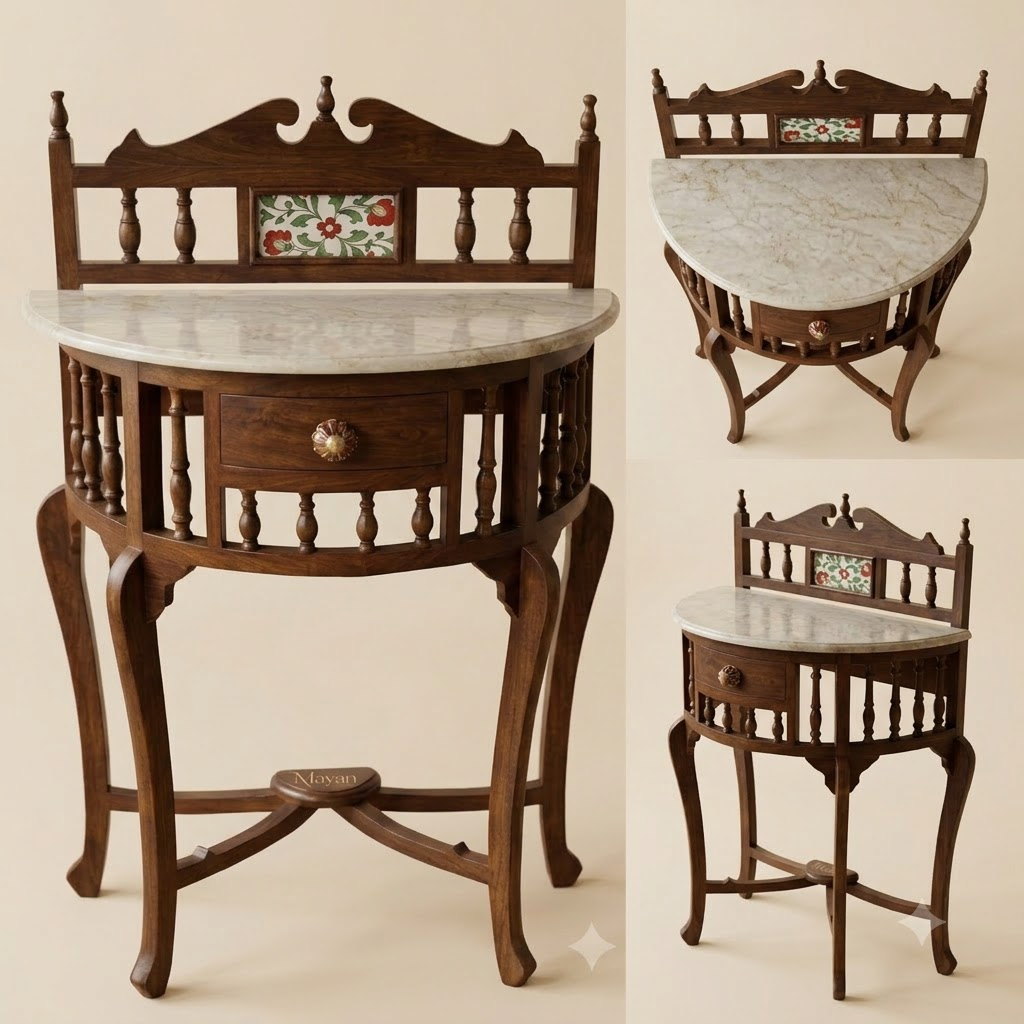 Burma Teak – Heritage Marble Top Carved Accent Table