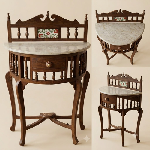 Burma Teak – Heritage Marble Top Carved Accent Table