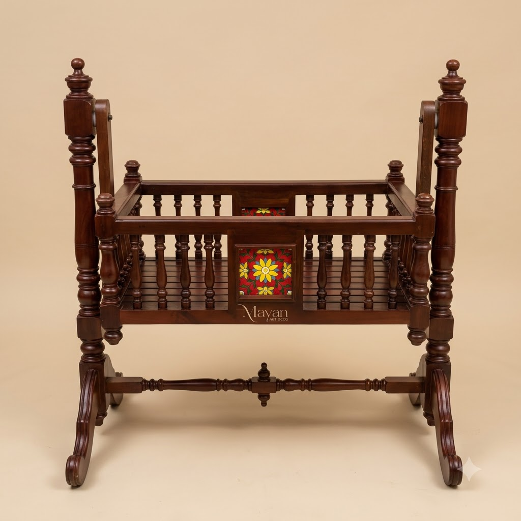 Burma Teak - Heritage Carved Wooden Rocking Baby Cradle