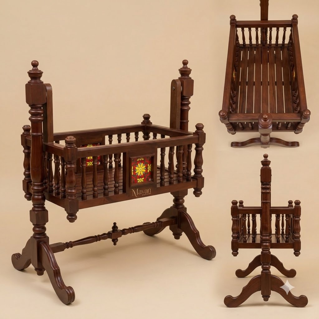 Burma Teak - Heritage Carved Wooden Rocking Baby Cradle
