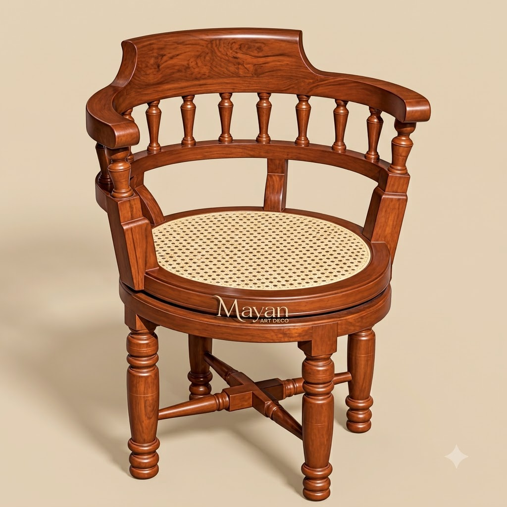 Heritage Burma Teak-Wood Revolving Armchair with Cane Seat