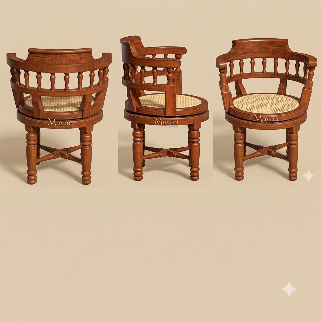 Heritage Burma Teak-Wood Revolving Armchair with Cane Seat