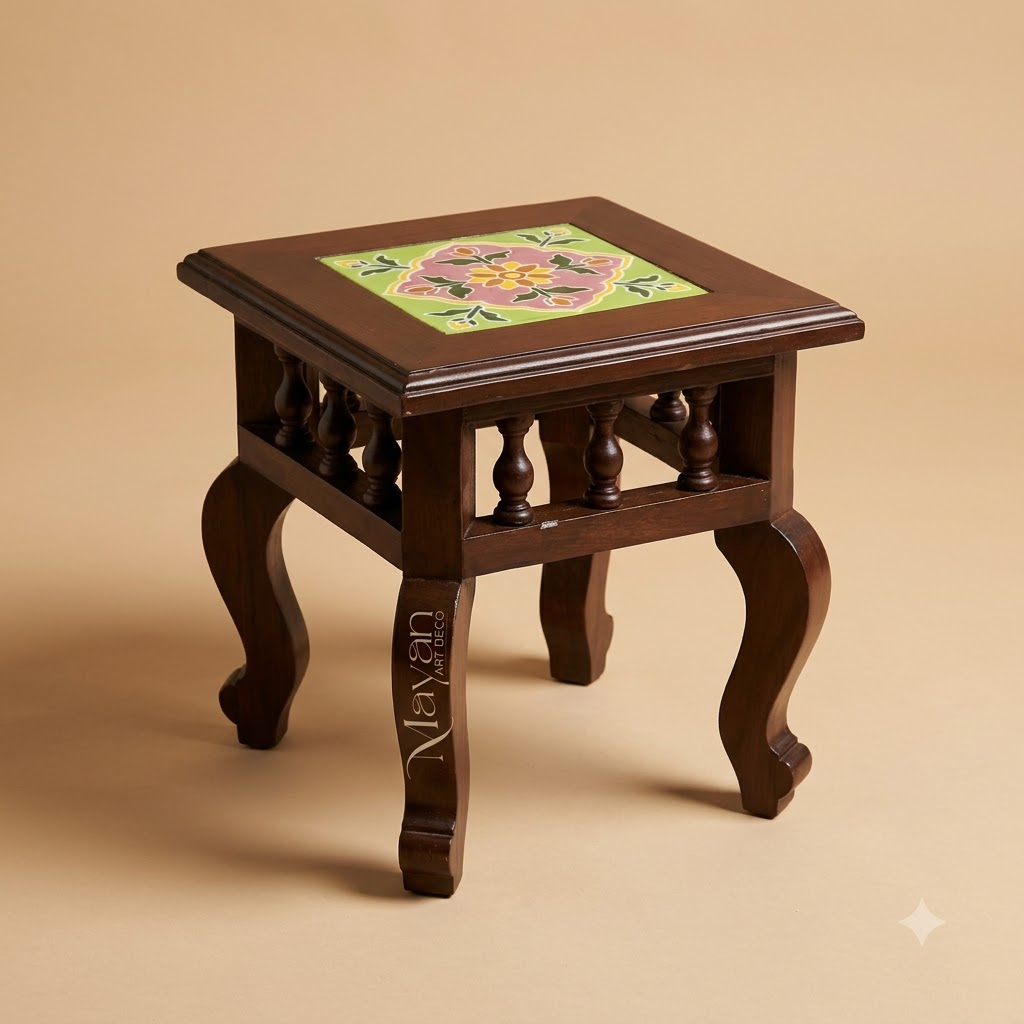 Heritage Floral Tile Inlay Side Table / Accent Stool