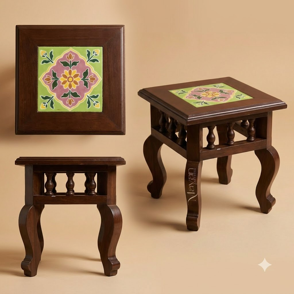 Heritage Floral Tile Inlay Side Table / Accent Stool