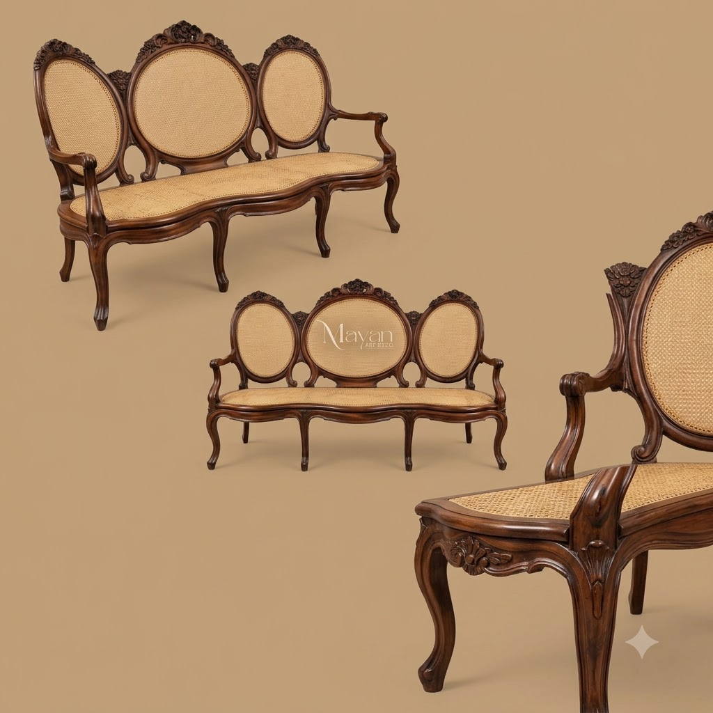 Victorian Hand-Carved Cane 3-Seater Settee