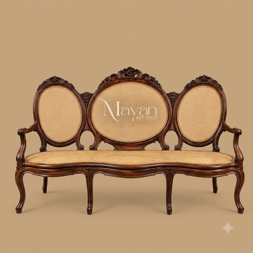 Victorian Hand-Carved Cane 3-Seater Settee