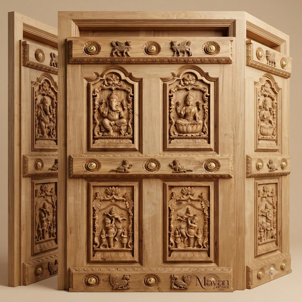 Traditional South Indian Carved Burma Teak Wooden Entrance Door with Panel