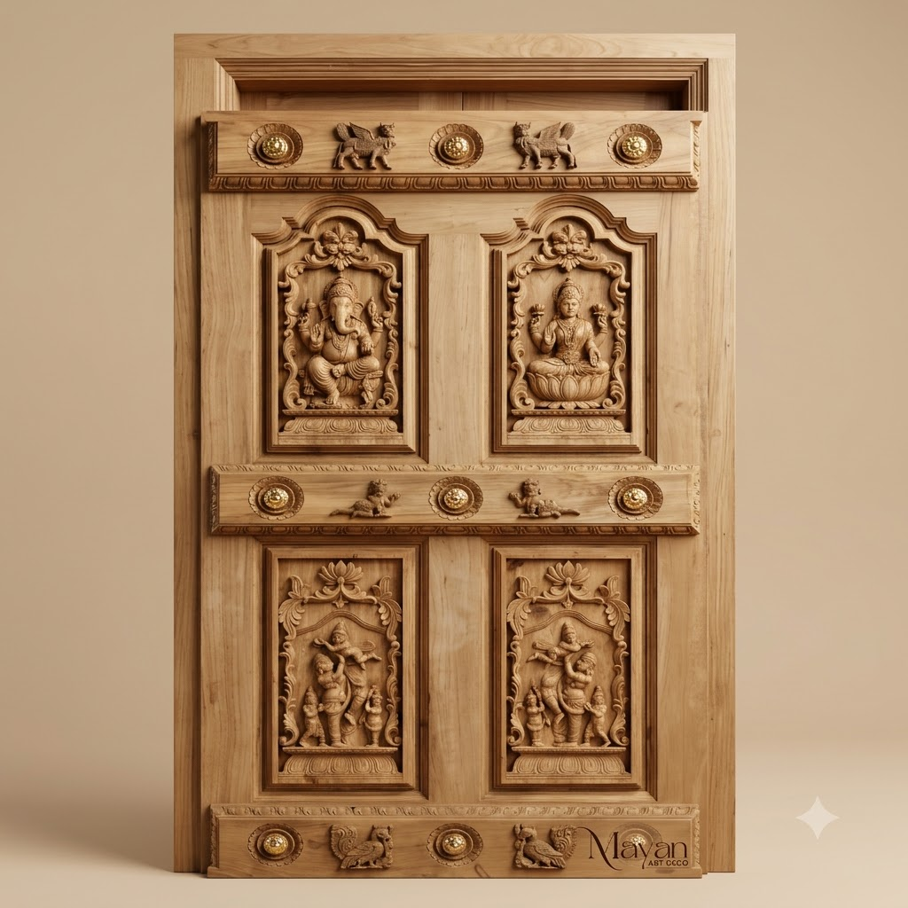 Traditional South Indian Carved Burma Teak Wooden Entrance Door with Panel