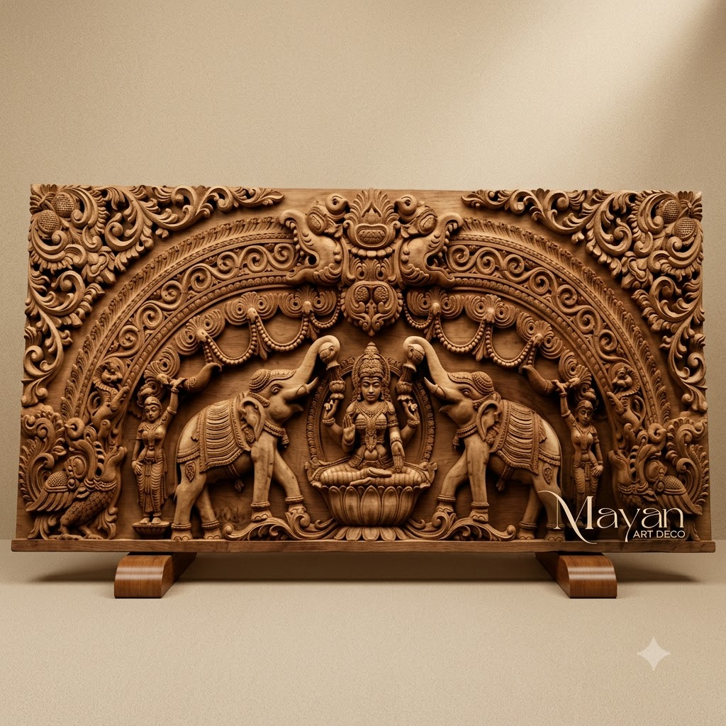 Traditional South Indian Temple Carved Burma Teak Wooden Wall Panel
