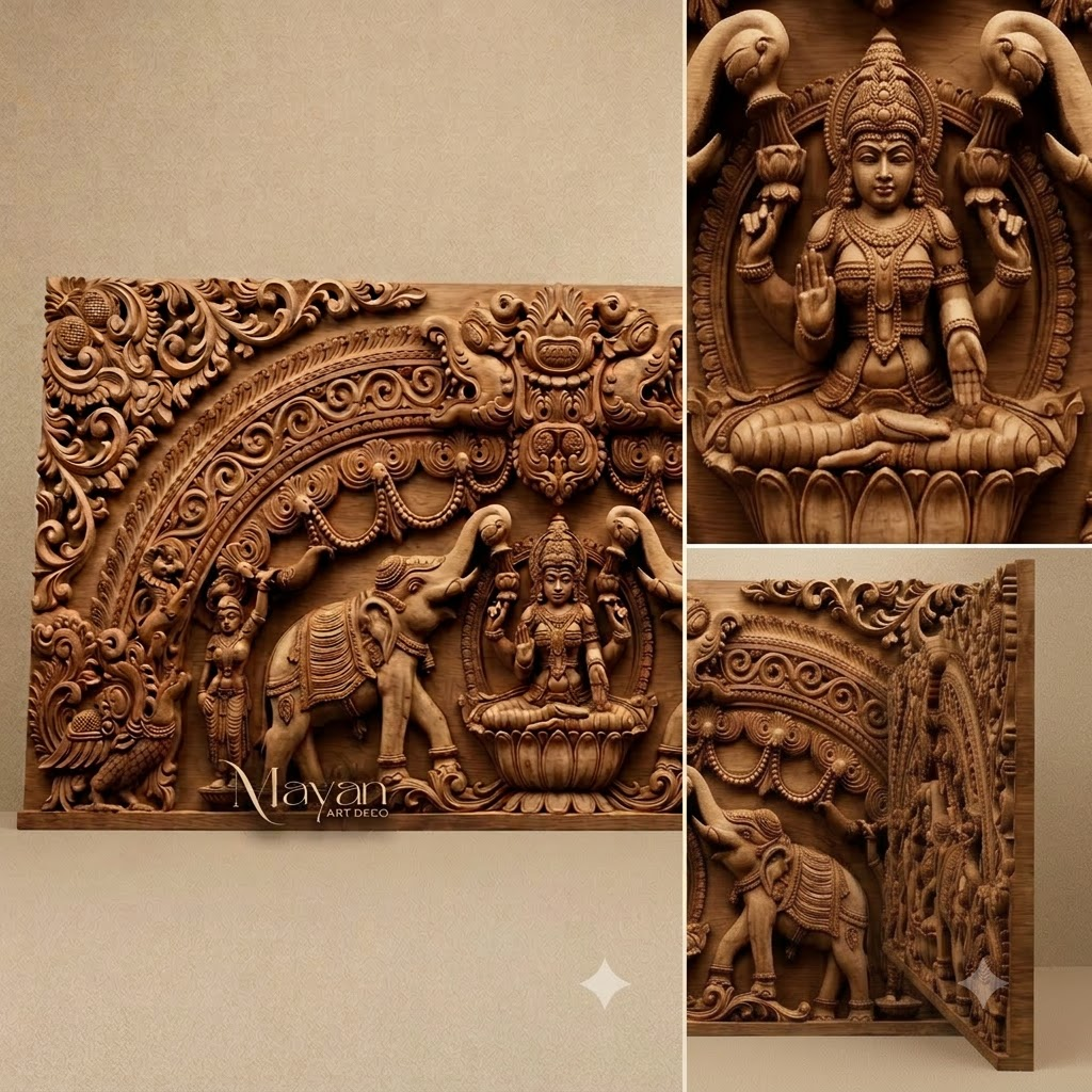 Traditional South Indian Temple Carved Burma Teak Wooden Wall Panel